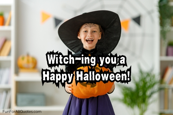 Little girl wearing witch costume, with Halloween quote overlay