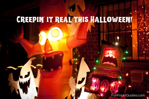 House full of Halloween decorations with quote overlay