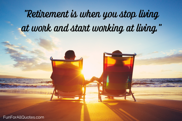retired couple on beach in chairs holding hands retirement quote overlay