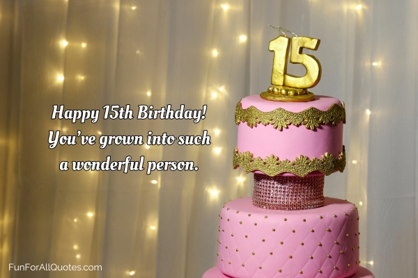3-tiered pink and gold birthday cake with the number '15' candles, with quote overlay