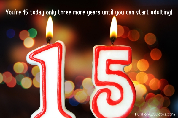Close up of lit '15' candles with quote overlay