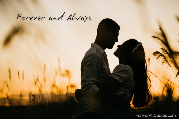 Silhouette of couple hugging at sunset, with quote overlay