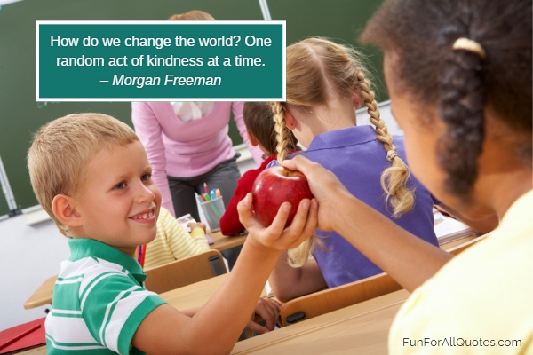 Schoolgirl passing apple to classmate, with quote overlay