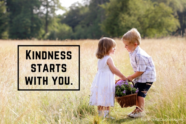 A little boy helping a little girl carry a basket of flowers, with quote overlay