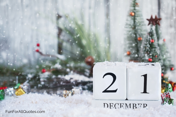 White wood calendar with December 21 date, winter and Christmas decor background