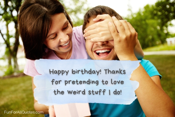 Woman covering boyfriend's eyes from behind, with birthday quote overlay