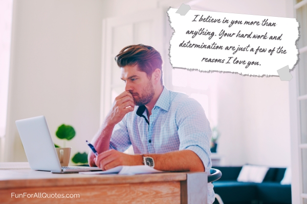 Man working on laptop, with quote on sticky note graphic overlay